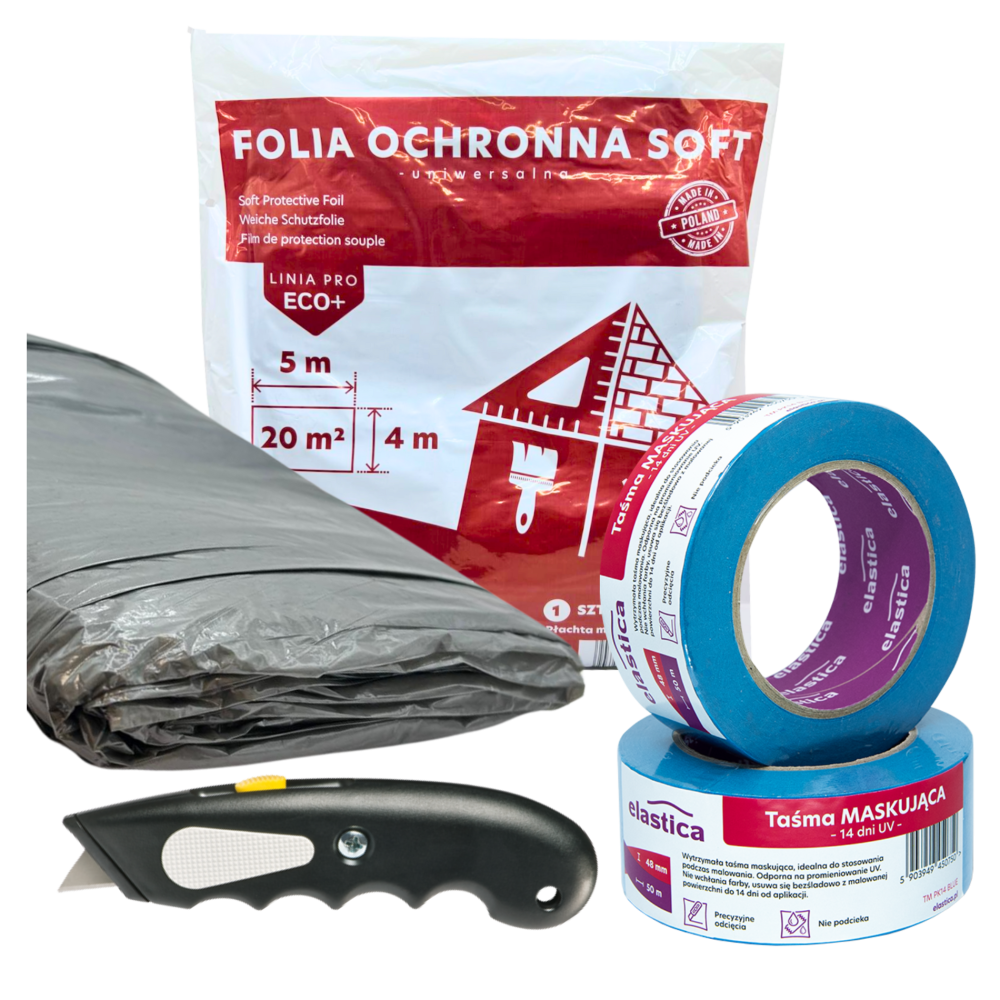 Zestaw: Płachta malarska SOFT 4X5 + 2 szt. Taśmy MASK 48/50m + Nożyk HD-9 BK