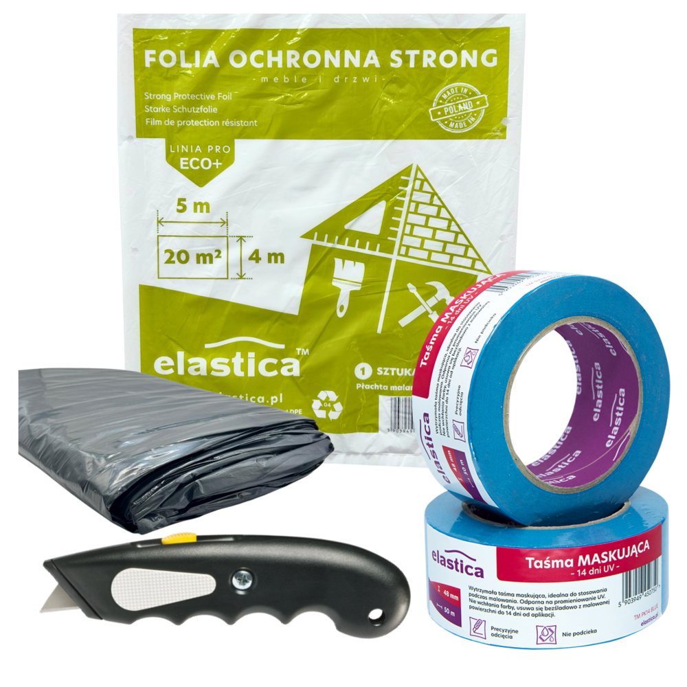 Zestaw: Płachta malarska STRONG 4X5 + 2 szt. Taśmy MASK 48/50m + Nożyk HD-9 BK