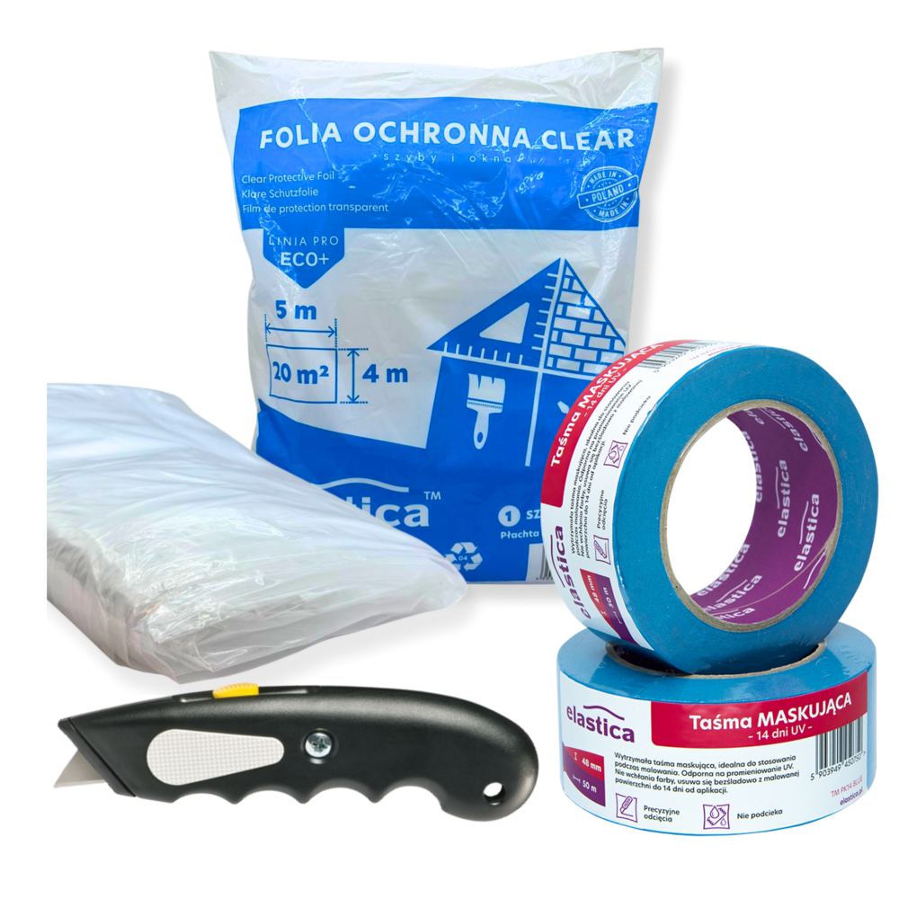 Zestaw: Płachta malarska CLEAR 4X5 + 2szt. Taśmy MASK 48/50m + Nożyk HD-9 BK