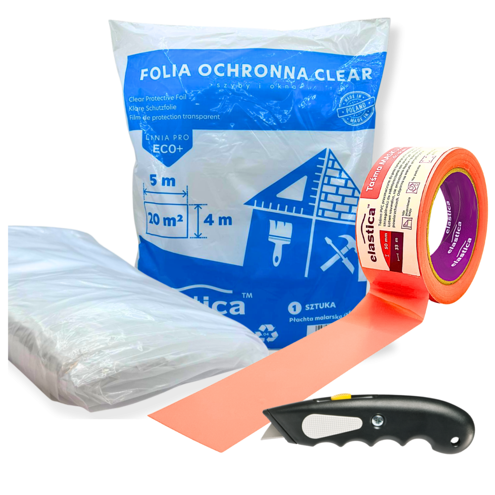 Taśma PVC do ram okiennych 50 mm/33 m + Płachta 4x5 m CLEAR + Nóż HD-9