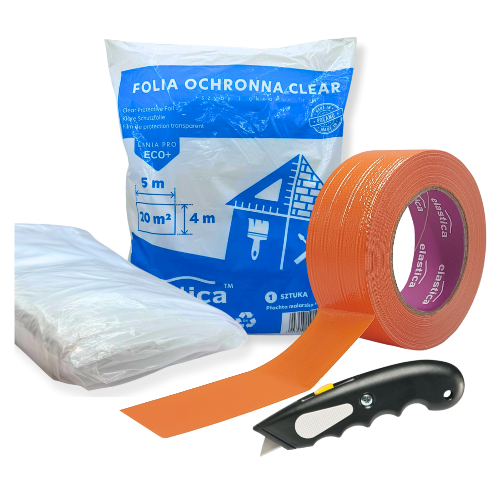 Taśma tynkarska Elastica 48mm/50m + Płachta 4x5m CLEAR + Nóż HD-9
