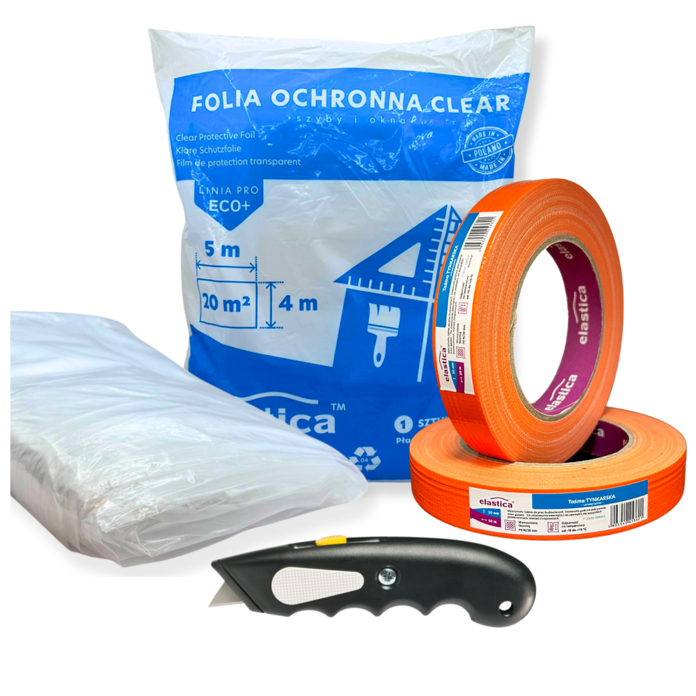 Taśma tynkarska Elastica 20mm/50m + Płachta 4x5m CLEAR + Nóż HD-9
