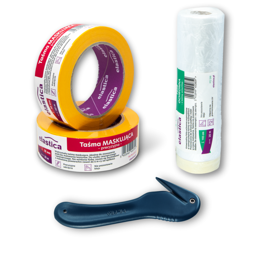 Zestaw malarski: Folia z taśmą SPEEDYMASK 1100/20m + Taśma precyzyjna GOLD 38mm + Nożyk SD-259BG