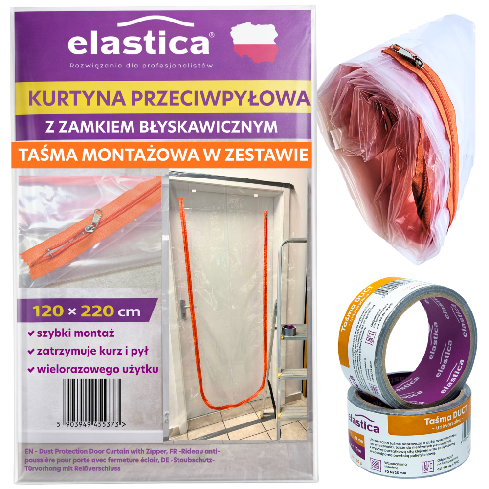 Kurtyna przeciwpyłowa malarska z suwakiem 120x220 cm Elastica Dust Barrier PRO + Taśma montażowa