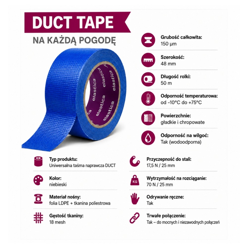 Taśma naprawcza uszczelniająca DUCT TAPE BLUE Elastica 48mm/50m TU101 NIEBIESKA Gaffer Gaffa
