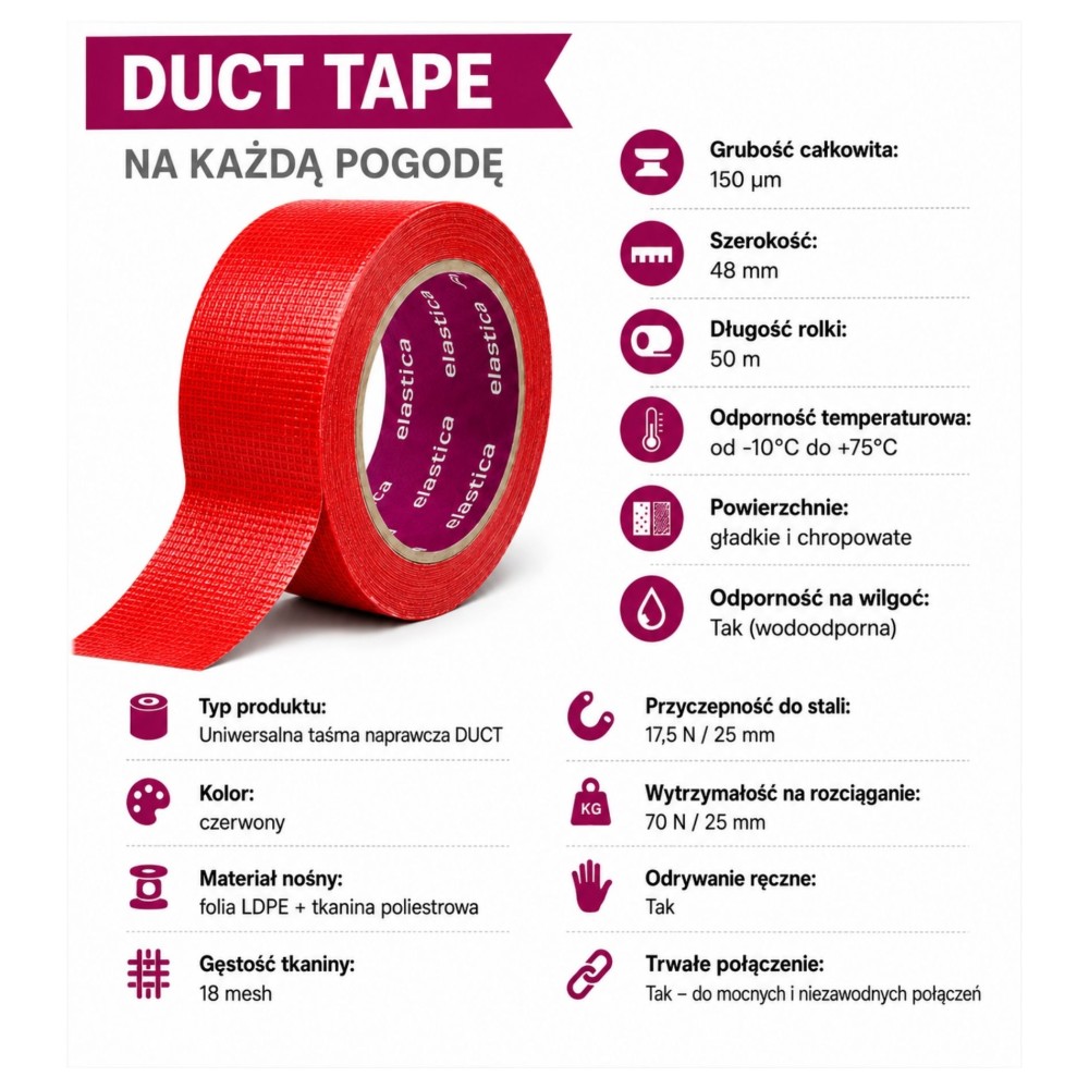 Taśma naprawcza uszczelniająca DUCT TAPE RED Elastica 48mm/50m TU101 Czerwona Gaffer Gaffa