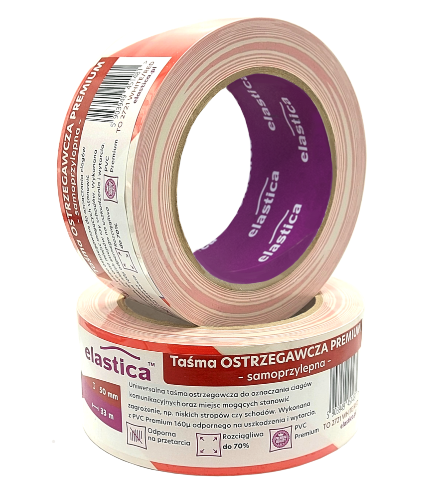 18x Taśma Ostrzegawcza Elastica PREMIUM PVC 50mm/33m WHITE/RED 
