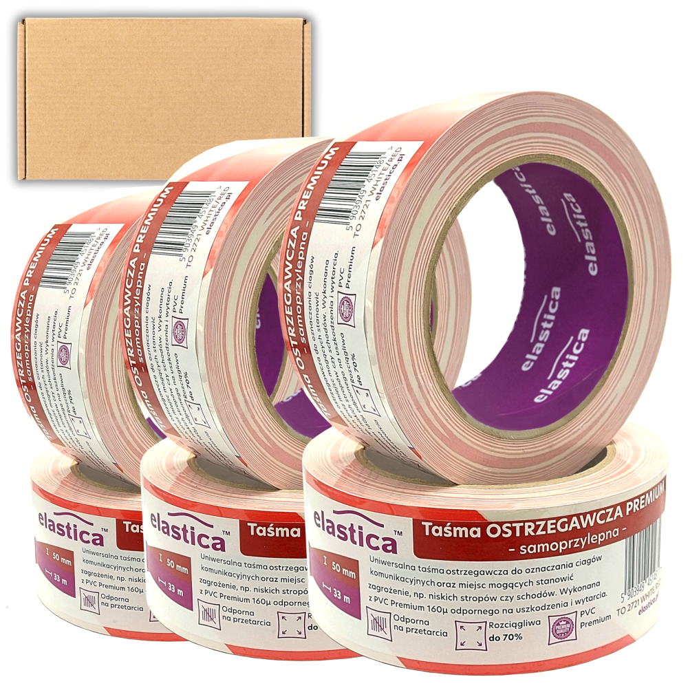 18x Taśma Ostrzegawcza Elastica PREMIUM PVC 50mm/33m WHITE/RED 
